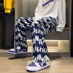 HEARUJOY - High Street Letter Printed Casual Pants Fashionable and Versatile Loose and Comfortable Elastic Band Fashionable Straight Pant