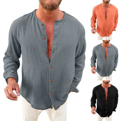 YICKYUE - Trendy Wrinkle-Free Formal Dress Men'S Shirt Male Casual Solid Fold Shirt Collarless Long Sleeve Button Shirt Blouse Ropa Hombre