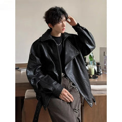 Hearujoy Spring Autumn High Colar Pu Leather Jacket American Retro Cleanfit Handsome Loose Fashion Atmosphere Asymmetrical Zipper Coat
