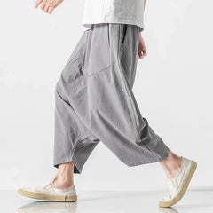 HEARUJOY - Summer Men Plus Size Casual Harem Pants Vintage Loose Cotton Linen Wide Leg Pants Men Elastic Waist Pantalones Trousers
