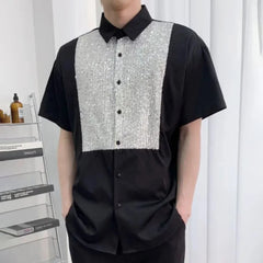 HEARUJOY - Mens Shirt Sequins Nightclub Ballroom Shirt Spring Streetwear Y2k Fashion Trend Niche Short-Sleeve Tops Men'S Clothing