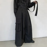Hearujoy Mens Multi-Pocket Loose Casual Skirts Genderless Japanese Harajuku Street Dark Workwear Style Solid Color Wide Leg Pants Unisex