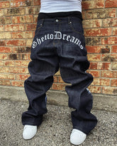 Hearujoy Goth Graphic Letter Embroidered Jeans Y2K Harajuku Hip Hop Vintage Baggy Jeans Mens Womens High Waist Straight Wide Trousers