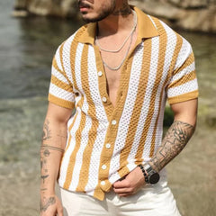 HEARUJOY - Spring Autumn Casual Mens Knitted Shirts Hollow Out Stripe Short Sleeve Lapel Knit Button Cardigans Men Clothes Vintage Tops