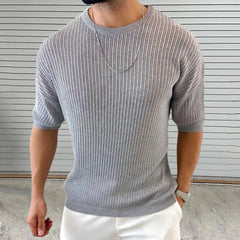 HEARUJOY - Summer New Men's Solid Color Knitted Hollow Short-Sleeved T-Shirt Retro Fashion Trend Casual Simple Daily Breathable Men's Tops