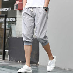 HEARUJOY - Summer New Sports Trend Versatile Casual Shorts Men's Solid Elastic Waist Drawstring Pockets Cotton Calf Length Cropped Pants
