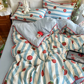 YICKYUE - 3/4Pcs Bedding Set Korean Cute Core Tomato Print Duvet Cover Double Bed Full-Size Minimalist Bed Sheet Pillowcase Four-Season
