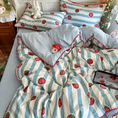 YICKYUE - 3/4Pcs Bedding Set Korean Cute Core Tomato Print Duvet Cover Double Bed Full-Size Minimalist Bed Sheet Pillowcase Four-Season