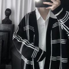 HEARUJOY - Street Plaid Cardigan Sweater Hong Kong Style Loose Jacket