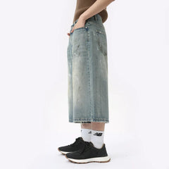 Hearujoy Niche Design Men's Denim Trousers Vintage Worn-out Ink Design Calf-length Pants Wide Leg Male Straigth Bottom 9C6312