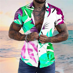 HEARUJOY - Wrinkle-Free New Men'S Shirt Casual Men'S Loose Lapel Coconut Tree Print Short Sleeve Cuffs Button Port Roupas Masculinas