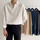 Hearujoy Long Sleeve New Thin Drape Casual Shirt for Men Small V-neck Design Men Shirt Summer Loose Korean Solid Color White Shirt Men