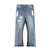 Hearujoy high street splashed ink ripped patchwork jeans for men and women trendy brand American straight slim micro-flared trousers