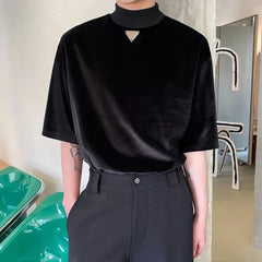 Hearujoy 2024 Summer Velvet Stand-up Collar Short-sleeved Men's T-shirt Personality Triangle Logo Trend Loose Top Ruffian Handsome Retro