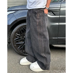 Hearujoy Harajuku Retro Simple Striped Embroidery Washed Gray Floor-Mopping Jeans Men's Street Trend Y2K Loose Straight Pants