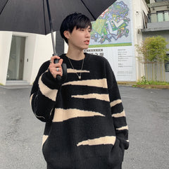 HEARUJOY - Men Knitted Loose Fit Male Jumpers O Neck Long Sleeve Striped Sweaters Pullovers Winter High Street Slight Strech Basics