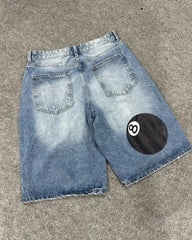 Hearujoy Harajuku Fashion No. 8 Table Tennis print loose denim shorts Y2K Jeans Men and women couples Gothic casual light blue shorts
