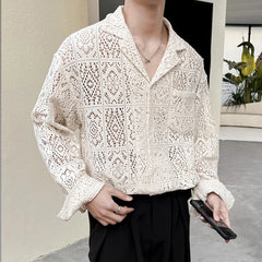 HEARUJOY - New Chic Men Hollow Out Cardigan Tops Light Luxury Korean Style Long Sleeve Shirts Casual Retro Solid Color Button-down Blouse