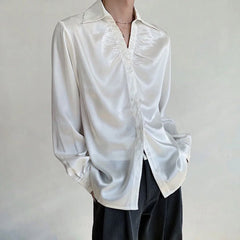 HEARUJOY - Mens Shirt Shiny Satin V-Neck Casual Shirt Spring Streetwear Fashion Versatile Sexy Long Sleeve Top Men'S Clothing