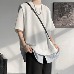 Hearujoy Fake Two Piece Striped Patchwork T-shirts Loose Mens Streetwear Casual T Shirt 2024 Summer Short Sleeves Tshirt Tee Tops