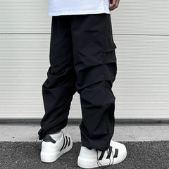 Hearujoy Y2k Black Pleated Pantalones Hombre Baggy Cargos for Men Functional Style Straight Solid Casual Functional Rubber Pants
