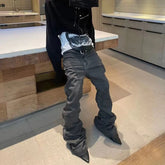 Hearujoy High Street Washed Gray Boot Cut for Men and Women Straight Frayed Casual Baggy Flare Jeans Oversized Loose Denim Trousers