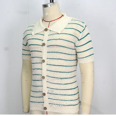 HEARUJOY - Men Luxury Hollow Knitwear Polo Shirt Short Sleeve Casual Streetwear Button Down Breathable Striped Contrast Knit Cardigan Tops