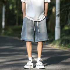 Hearujoy Summer Men's Wide Leg Denim Shorts Japanese Simple and Loose Fitting Casual Knee Length Capris Fashion Baggy Versatile Shorts