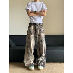 HEARUJOY - Jeans Men Floor Length Pant Denim Pants Camouflage Print Loose Casual Straight Trousers Pocket Splice Autumn Winter New