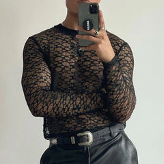 Hearujoy Mens Lace Perspective Hollow Sports Fitness Slim Long-Sleeved Top Autumn Sexy Nightclub Breathable Bottoming Shirt For Men