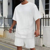 HEARUJOY - Summer Men's Suit Solid Geometric Jacquard Loose Outfits O-neck Short Sleeved T-shirt And Shorts Two-piece Casual Set Man