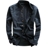 HEARUJOY - Vintage High Quality Linen Shirt For Men Long Sleeve Stand Neck Slim Fit Top Chinese Style Retro Blouse Streetwear Plus Size 7XL