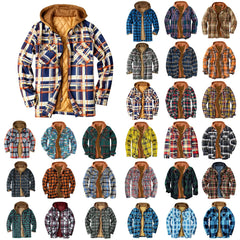 HEARUJOY - Men'S Winter Plaid Hooded Jacket Lapel Pocket Hooded Padded Loose Shirt Top Jacket Winter Korean Thickened Fleece Fluffy Jacket