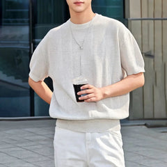 HEARUJOY - Men's Knitted Solid Color Short-Sleeved T-Shirt American Fashion Trend Casual Simple Loose Breathable Summer New Men's Tops