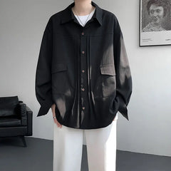 YICKYUE - Men's Solid Color Long Sleeve Casual Shirt M-XXXXXL Single Breasted Pocket Loose Fit Blouse Spring Autumn Top Streetwear