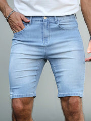 HEARUJOY - Blue washed men's denim shorts, featuring a casual style, with a length of knee-length shorts, suitable for summer wear.
