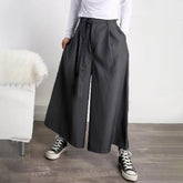 Hearujoy Mens Japanese Casual Street Wide Leg Pants With Belt Genderless Autumn Fashion Trendy Solid Color Loose Nine-Point Skirts Unisex