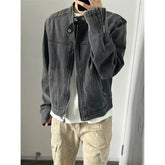 HEARUJOY - Punk Gray Denim Jacket Men's American Retro Heavy Industry Coat Metal Design Stand Collar Old Washed Short Spliced Street Jacket