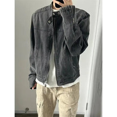 HEARUJOY - Punk Gray Denim Jacket Men's American Retro Heavy Industry Coat Metal Design Stand Collar Old Washed Short Spliced Street Jacket