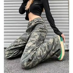 HEARUJOY - Women Jeans Denim Cargo Pant Long Pants Camouflage Straight Trousers Loose Casual Splice Button Pocket High Waist Autumn New