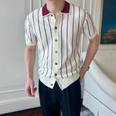 HEARUJOY - Men's Grey Striped Knit Polo Shirt Short Sleeve Contrast Collar Button Front Casual Slim Fit Top For Daily Wear