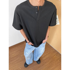 HEARUJOY - Summer Short Sleeved T-shirt Men Black White Casual T Shirt Men Streetwear Korean Loose Round Neck Button T Shirt Mens Top M-3XL