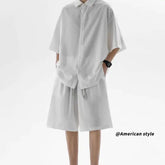 HEARUJOY - Summer White Shirt Set Men Fashion Shirts Shorts Two-piece Set Men Korean Loose Ice Silk Set Mens Formal Sets Large Size 5XL