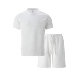 HEARUJOY - Summer Men's Suit Solid Geometric Jacquard Loose Outfits O-neck Short Sleeved T-shirt And Shorts Two-piece Casual Set Man