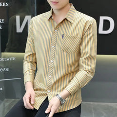 Hearujoy Men's Clothing Korean Fashion Striped Print Business Casual Button Up Shirt Spring Autumn Youth Long Sleeve Slim All Match Tops