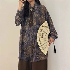 HEARUJOY - Loose Long Sleeve Shirt Men Women Casual Streetwear American Retro Purple Print Inner Wear Fashionable Male Female Top