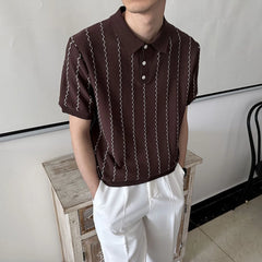 HEARUJOY - Summer New Men's Striped Knitted Short-Sleeved T-Shirt Retro Fashion Trend Casual Simple Loose Breathable Business Men's Tops