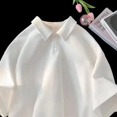 HEARUJOY - Brand New T-shirt Daily Wear Holiday Loose Lapel T-shirt All-match T-shirt Lapel Neckline Regular Length Short Sleeve