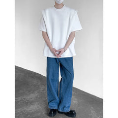 HEARUJOY - Summer Shoulder Pad T Shirt Men Fashion Black White Short Sleeved T-shirt Men Streetwear Korean Loose Casual T Shirt Mens Top