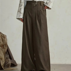 HEARUJOY - Mens Wide Leg Pants Retro Simplicity High Waisted Fashion Straight Leg Suit Trousers Button Trend Solid Pantalones Thin